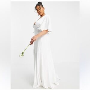 ASOS DESIGN Curve Serenity satin wedding dress with flutter sleeve -12
